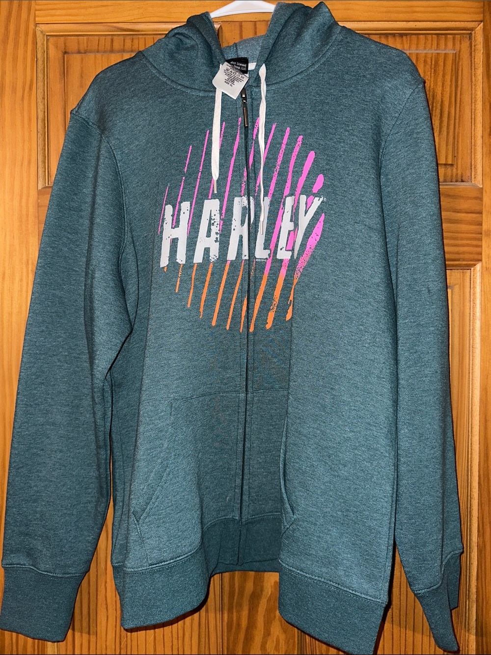 Harley-Davidson Teal Zip Hoodie with Pink & Orange Graphic XL